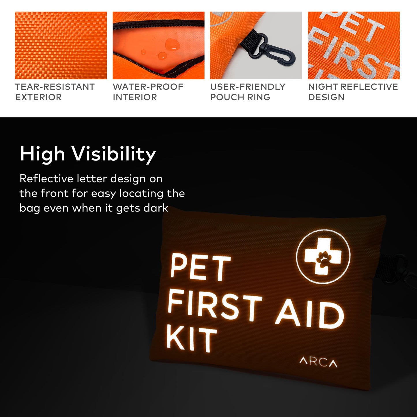 ARCA PET Cat & Dog First Aid Kit for Car - Pet Emergency Kit for Home Office Travel – Dog Camping Essentials with Digital Thermometer, Muzzle & Mini First Aid Pouch