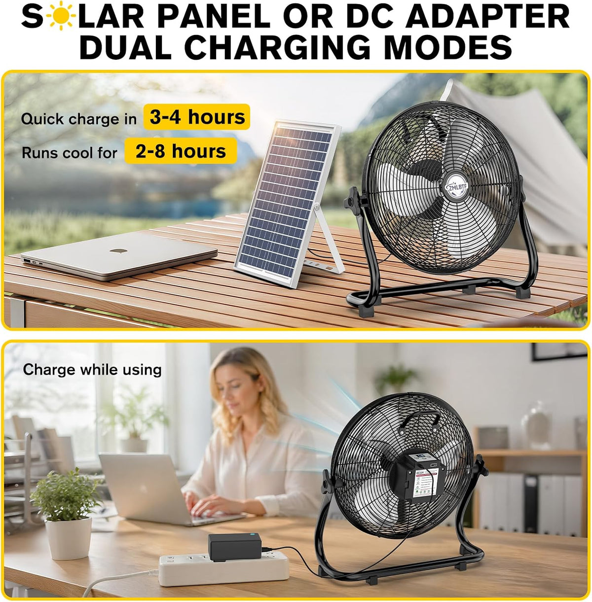 16" Solar Powered Fan with 20W Detachable Solar Panel, Black
