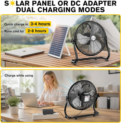 16" Solar Powered Fan with 20W Detachable Solar Panel, Black