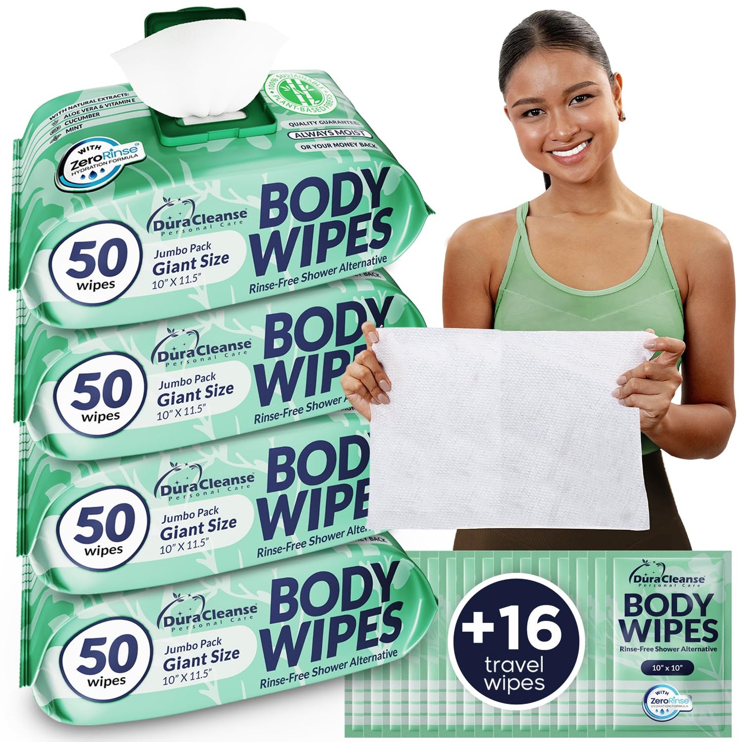 XL Body Wipes for Adults Bathing – 50 Ct + 4 Travel Shower Wipes 10 x 11.5" Thick Cleansing No Rinse Bath Wash Sheets for Elderly, Incontinence, Men & Women, Camping Essentials Disposable Washcloths