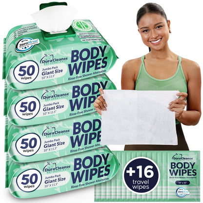 XL Body Wipes for Adults Bathing – 50 Ct + 4 Travel Shower Wipes 10 x 11.5" Thick Cleansing No Rinse Bath Wash Sheets for Elderly, Incontinence, Men & Women, Camping Essentials Disposable Washcloths