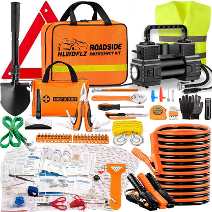 Car Emergency Kit with 12V Air Compressor, Jumper Cables, First Aid & Auto Tools