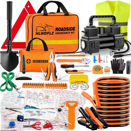 Car Emergency Kit with 12V Air Compressor, Jumper Cables, First Aid & Auto Tools