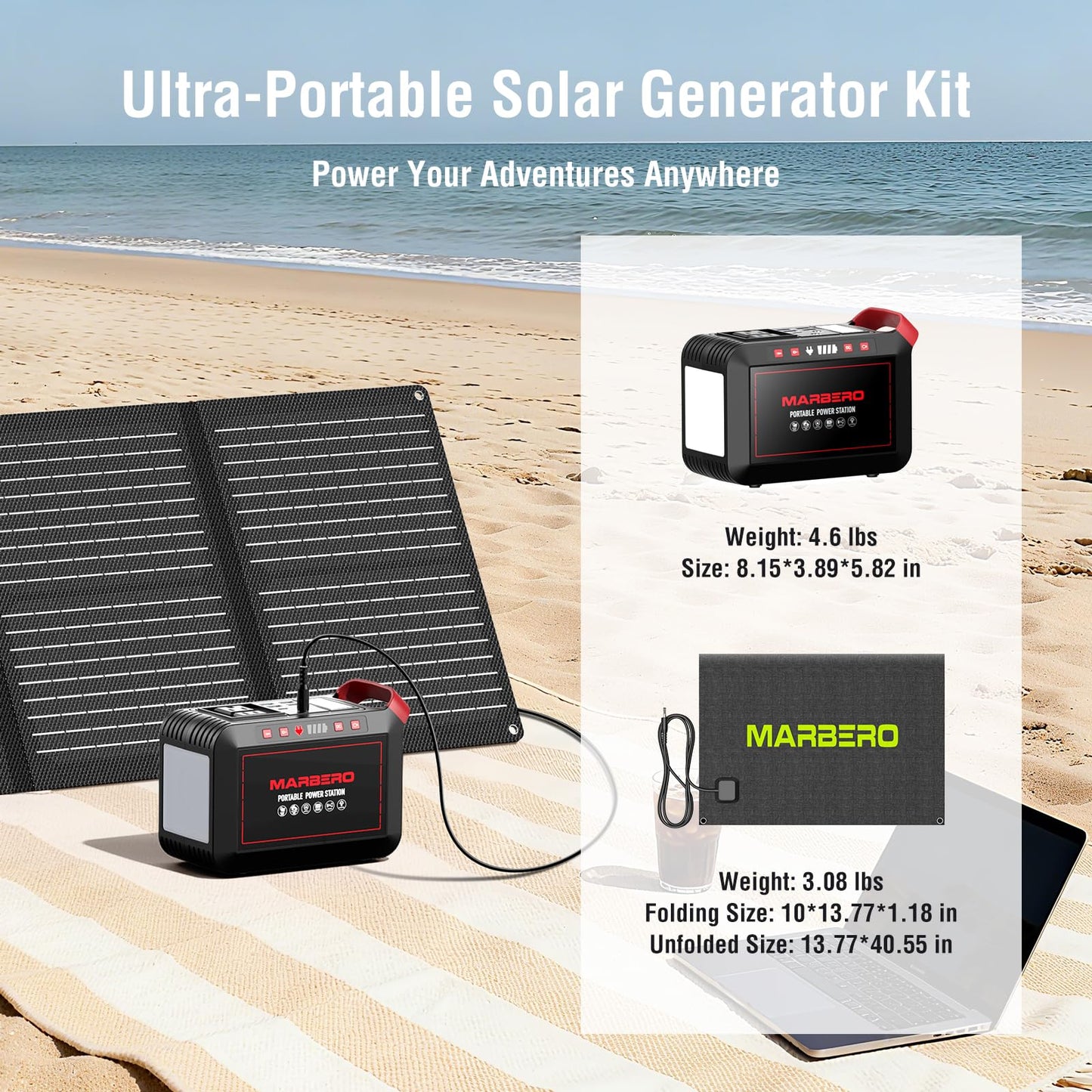 MARBERO Portable Power Station 88Wh Camping Lithium Battery Solar Generator Fast Charging with AC Outlet 120W Peak Power Bank(Solar Panel Optional) for Home Backup Outdoor Emergency RV Van Hunting