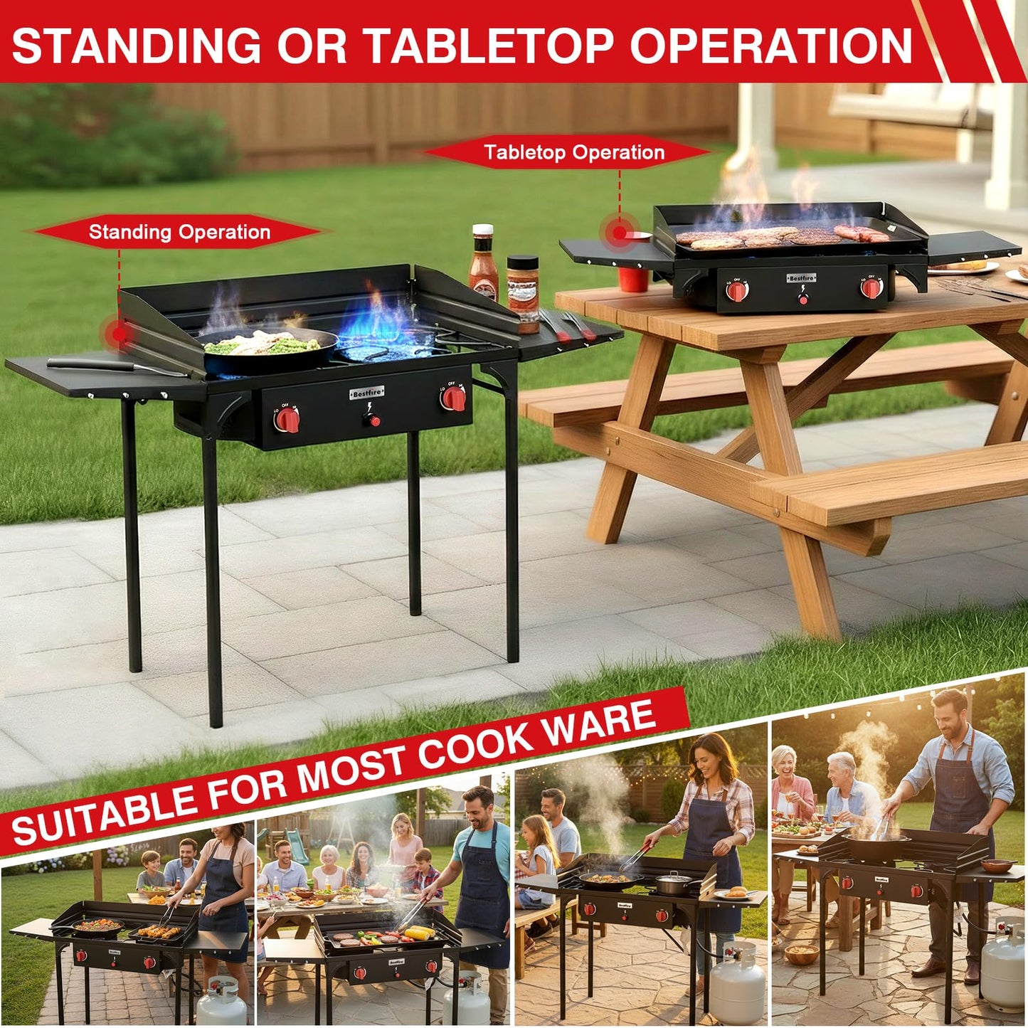 Bestfire 3 Burners Camping Stove for Cooking Outdoor, 225,000 BTU Propane Burners with Ignition wire&Removable Legs, Temperature Control Knobs and 20 PSIG High Pressure Regulator for BBQ