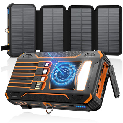 SOARAISE Solar Charger Power Bank - 48000mAh Wireless Portable Charger Built-in 4 Cables and 4 Solar Panels, PD QC 3.0 Fast Charging USB C Battery Pack with Flashlight for Camping Travel