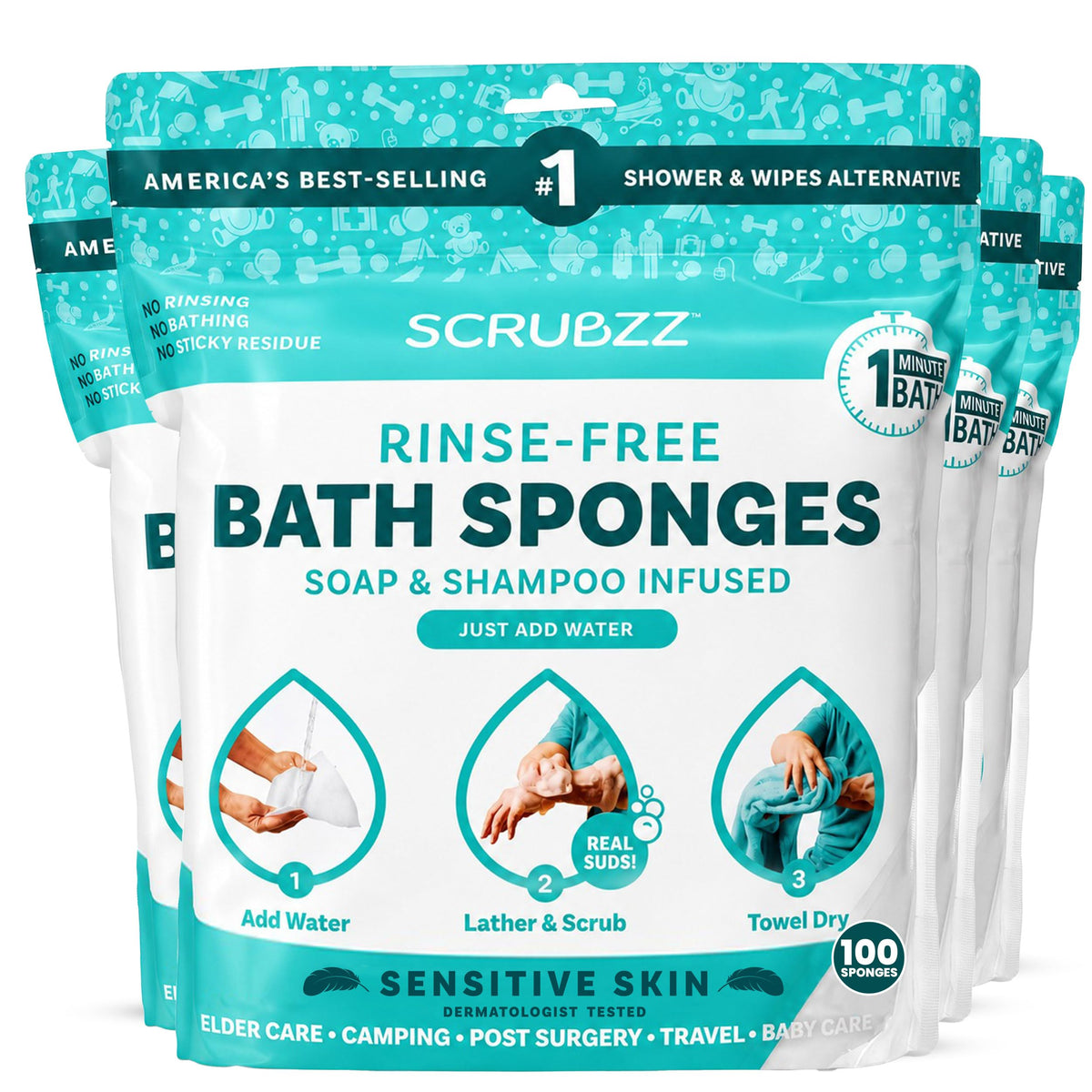 Scrubzz No-Rinse Bathing Wipes, 25 per Pack