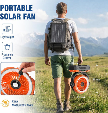 Rechargeable Solar Camping Fan, Oscillating, 5 Speeds, 3 Lights & 12-Hour Timer