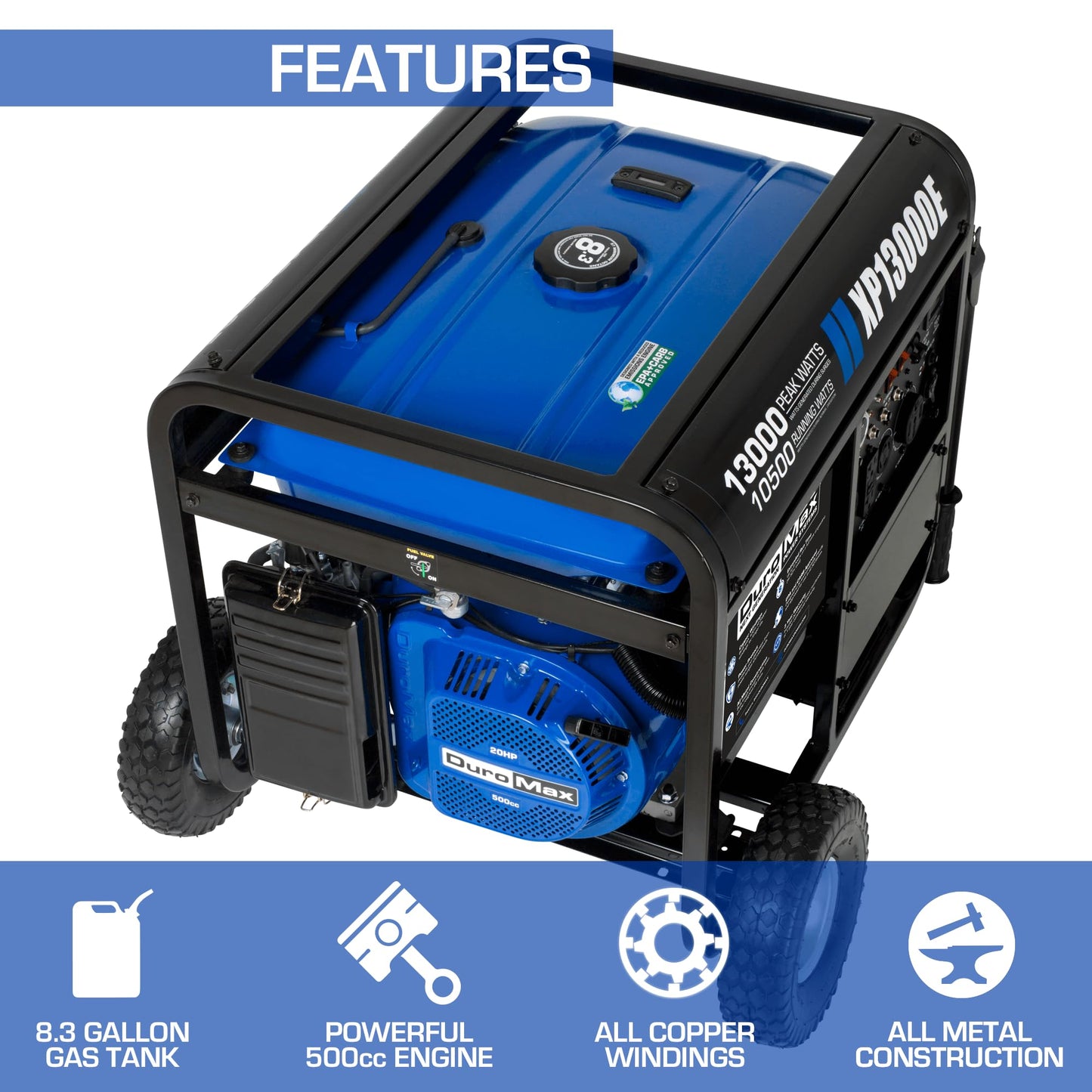 DuroMax XP12000EH 12,000-Watt Dual Fuel Portable Generator – Gas & Propane, Electric Start, Whole Home Backup Power, Transfer Switch Ready, RV & Emergency Ready