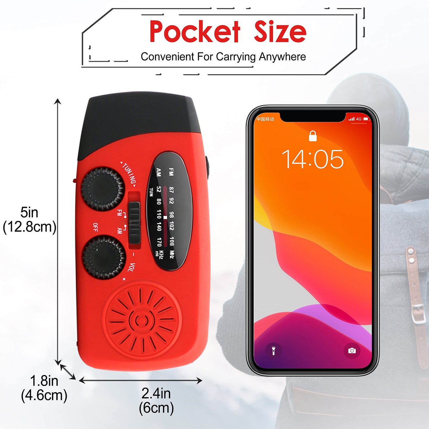 Emergency Crank Weather Radio, 14800mWh Solar Hand Crank Portable AM/FM/NOAA Weather Radio with 1W 3 Mode Flashlight & Reading Lamp, Cell Phone Charger, SOS for Home and Emergency