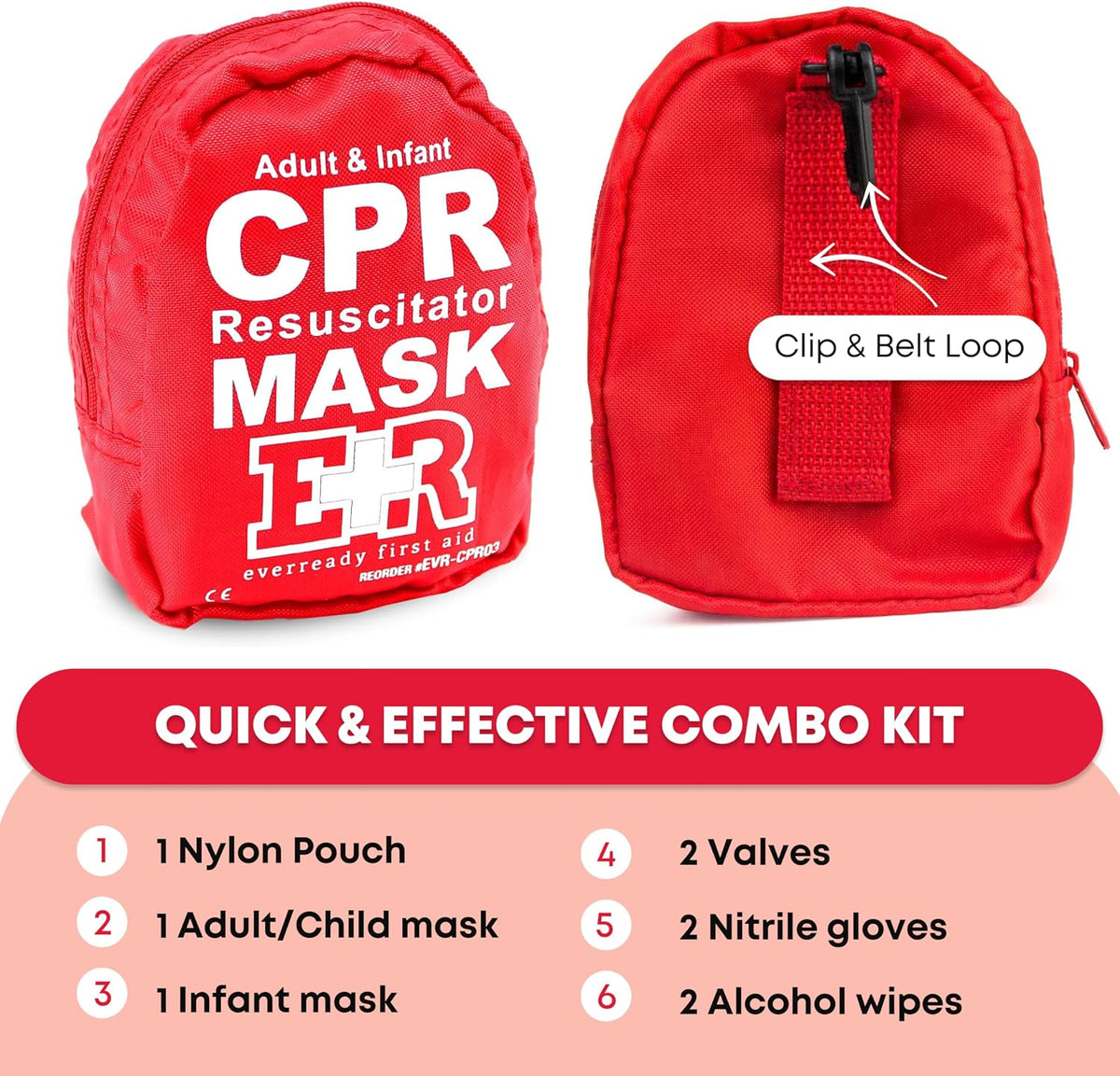Adult & Infant CPR Mask Combo Kit, 2 Masks with One-Way Valves, Gloves & Prep Pads, Red