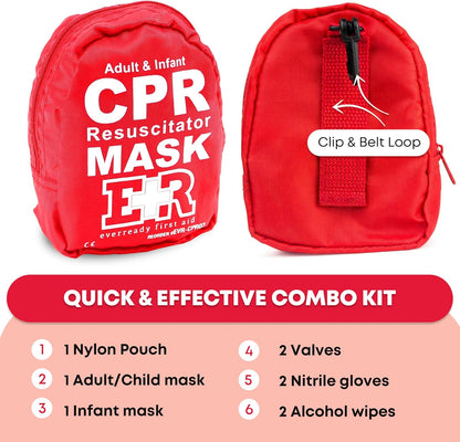 Adult & Infant CPR Mask Combo Kit, 2 Masks with One-Way Valves, Gloves & Prep Pads, Red