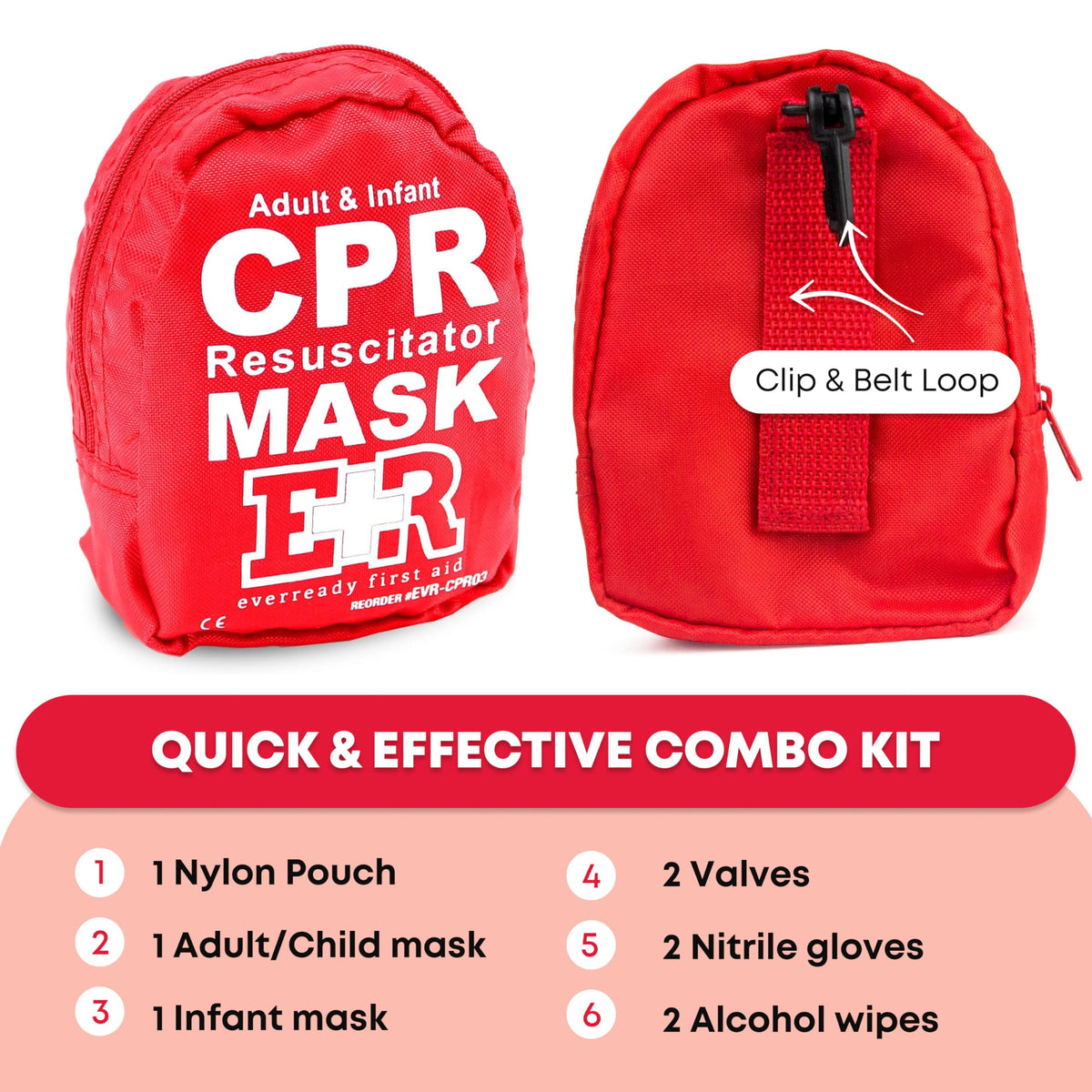 Adult & Infant CPR Mask Combo Kit, 2 Masks with One-Way Valves, Gloves & Prep Pads, Red