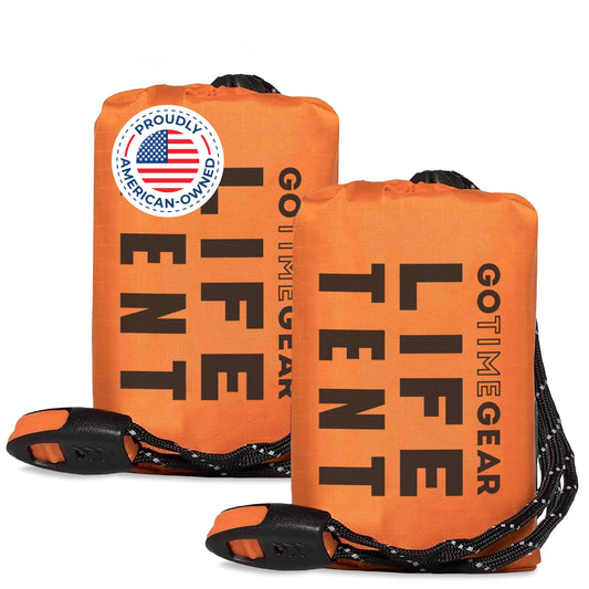 Go Time Gear Survival Life Tent • 2 Person Mylar Emergency Shelter Tube Tent + Paracord • All-Weather Protection for Camping, Hiking, & Survival Kits • Includes Emergency Whistle