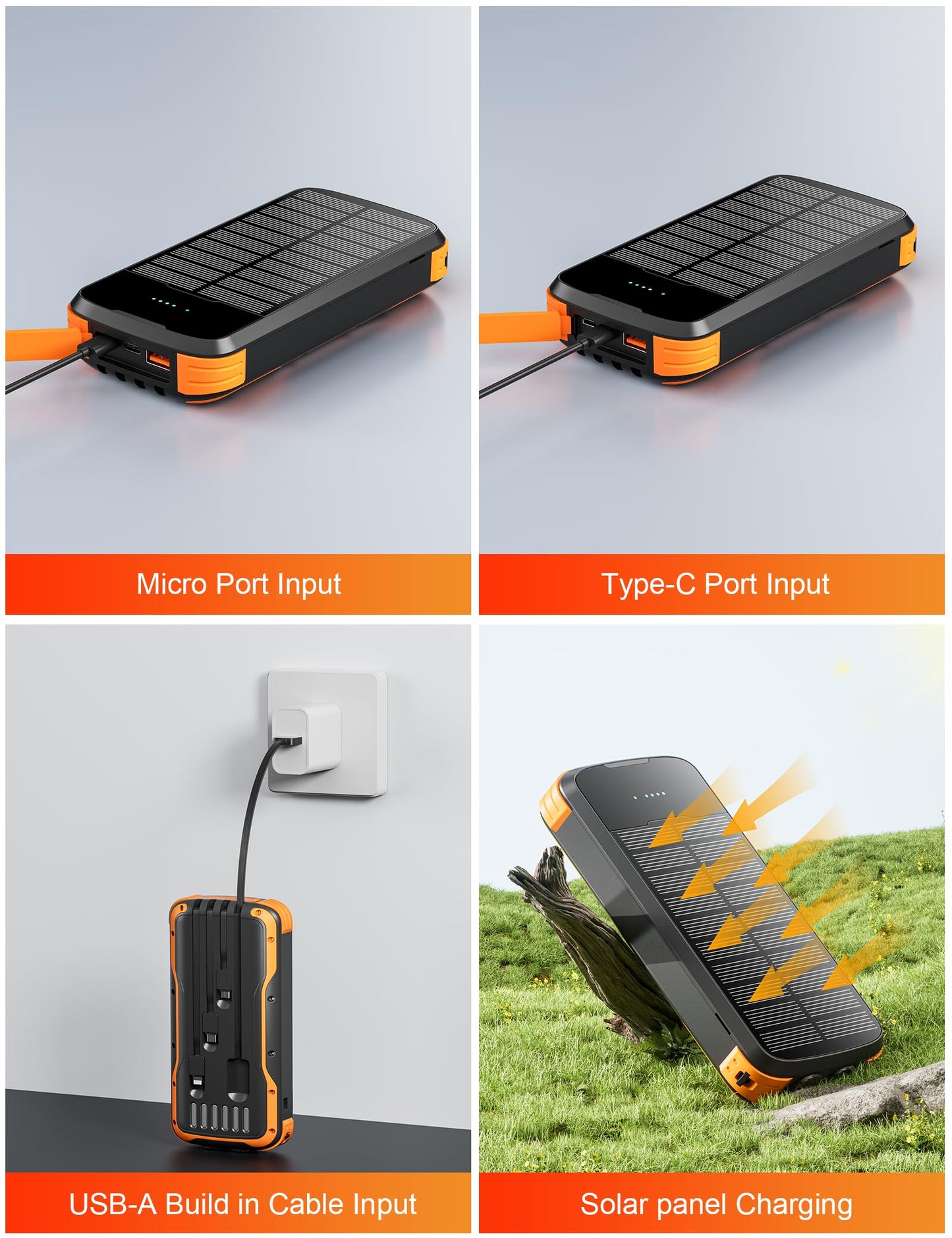 MINRISE Solar Power Bank 40000mAh, Portable Charger PD 20W Fast Charging Solar Charger Power Bank Built in 4 Cables and USB-C in/Output, Camping Essentials External Battery Pack with Flashlights