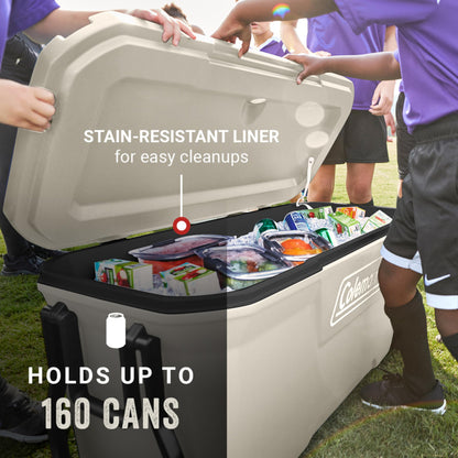 Coleman Classic Series Insulated Portable Rolling Cooler with Wheels, Leak-Resistant Outdoor Hard Cooler Keeps Ice up to 5 Days, 100-Quart