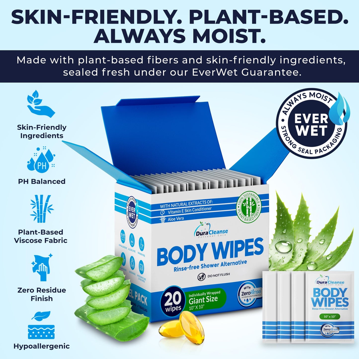 XL Body Wipes for Adults Bathing – 50 Ct + 4 Travel Shower Wipes 10 x 11.5" Thick Cleansing No Rinse Bath Wash Sheets for Elderly, Incontinence, Men & Women, Camping Essentials Disposable Washcloths