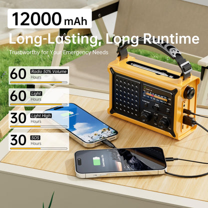 Solar Radio Emergency Hand Crank 12000mAh with Clear Signal, AM FM NOAA Weather Radio Battery Operated with 2-Mode LED Flashlight Cell Phone Charger Dual Outputs SOS