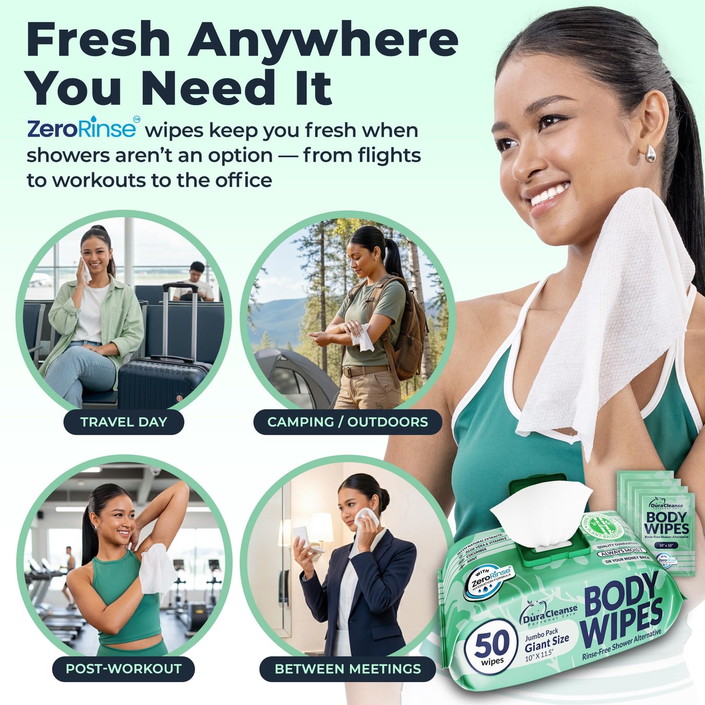 XL Body Wipes for Adults Bathing – 50 Ct + 4 Travel Shower Wipes 10 x 11.5" Thick Cleansing No Rinse Bath Wash Sheets for Elderly, Incontinence, Men & Women, Camping Essentials Disposable Washcloths