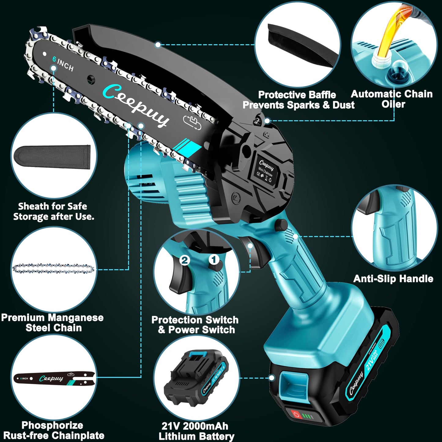 CEEPUY Mini Chainsaw Cordless,6 Inch Portable Electric Chainsaw with Automatic Oiler/Security Lock/Battery Powered Small Handheld Saw for Trees Branches Trimming,Wood Cutting, Gifts for Men Women