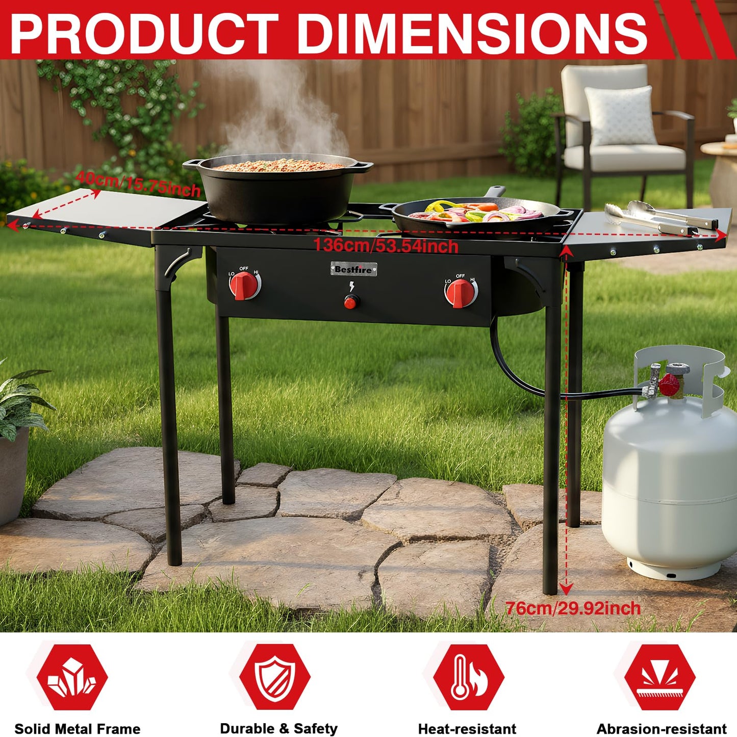 Bestfire 3 Burners Camping Stove for Cooking Outdoor, 225,000 BTU Propane Burners with Ignition wire&Removable Legs, Temperature Control Knobs and 20 PSIG High Pressure Regulator for BBQ