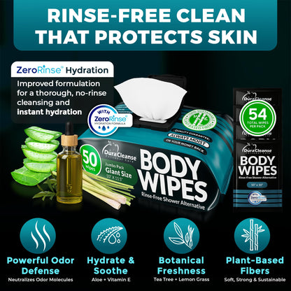 XL Body Wipes for Adults Bathing – 50 Ct + 4 Travel Shower Wipes 10 x 11.5" Thick Cleansing No Rinse Bath Wash Sheets for Elderly, Incontinence, Men & Women, Camping Essentials Disposable Washcloths