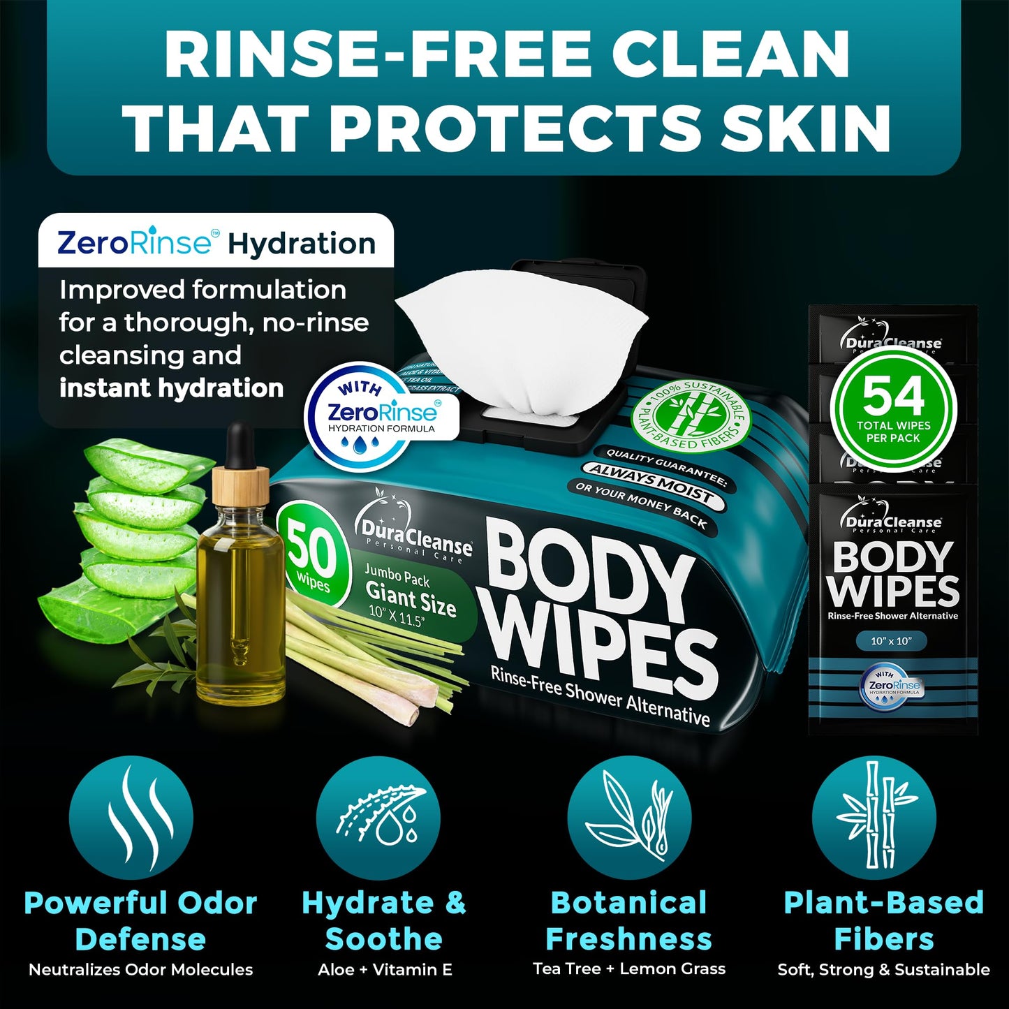 XL Body Wipes for Adults Bathing – 50 Ct + 4 Travel Shower Wipes 10 x 11.5" Thick Cleansing No Rinse Bath Wash Sheets for Elderly, Incontinence, Men & Women, Camping Essentials Disposable Washcloths