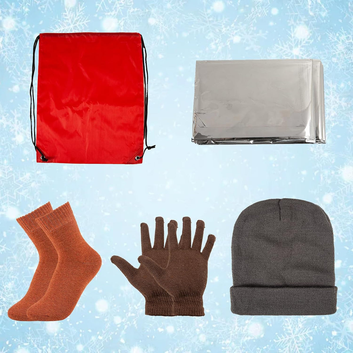 60-Piece Winter Care Package, Beanies, Emergency Blankets, Socks, Gloves & Bags