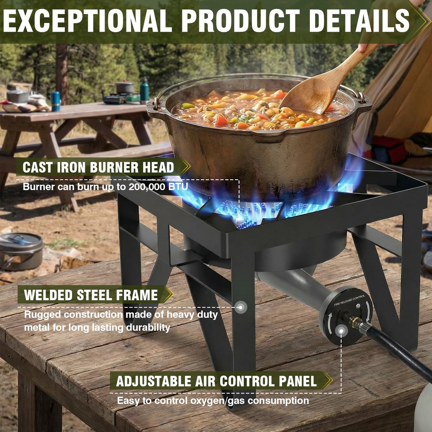 Bestfire 3 Burners Camping Stove for Cooking Outdoor, 225,000 BTU Propane Burners with Ignition wire&Removable Legs, Temperature Control Knobs and 20 PSIG High Pressure Regulator for BBQ