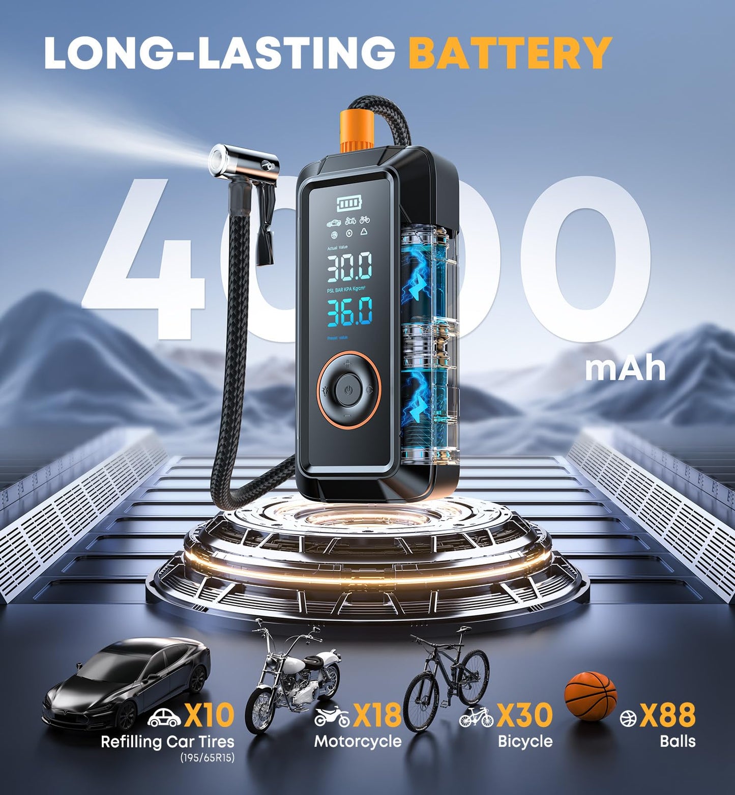 Tire Inflator Portable Air Compressor Portable Air Pump Cordless Bike Pump with Digital Dual Values Display 150 PSI Car Tires Pump with LED Lights Air Pump