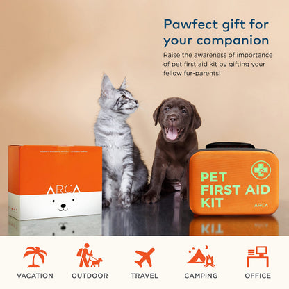 ARCA PET Cat & Dog First Aid Kit for Car - Pet Emergency Kit for Home Office Travel – Dog Camping Essentials with Digital Thermometer, Muzzle & Mini First Aid Pouch