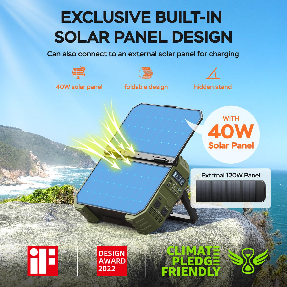 BLAVOR 1600W Solar Generator, 1024Wh Power Station with Built-In 40W Panel