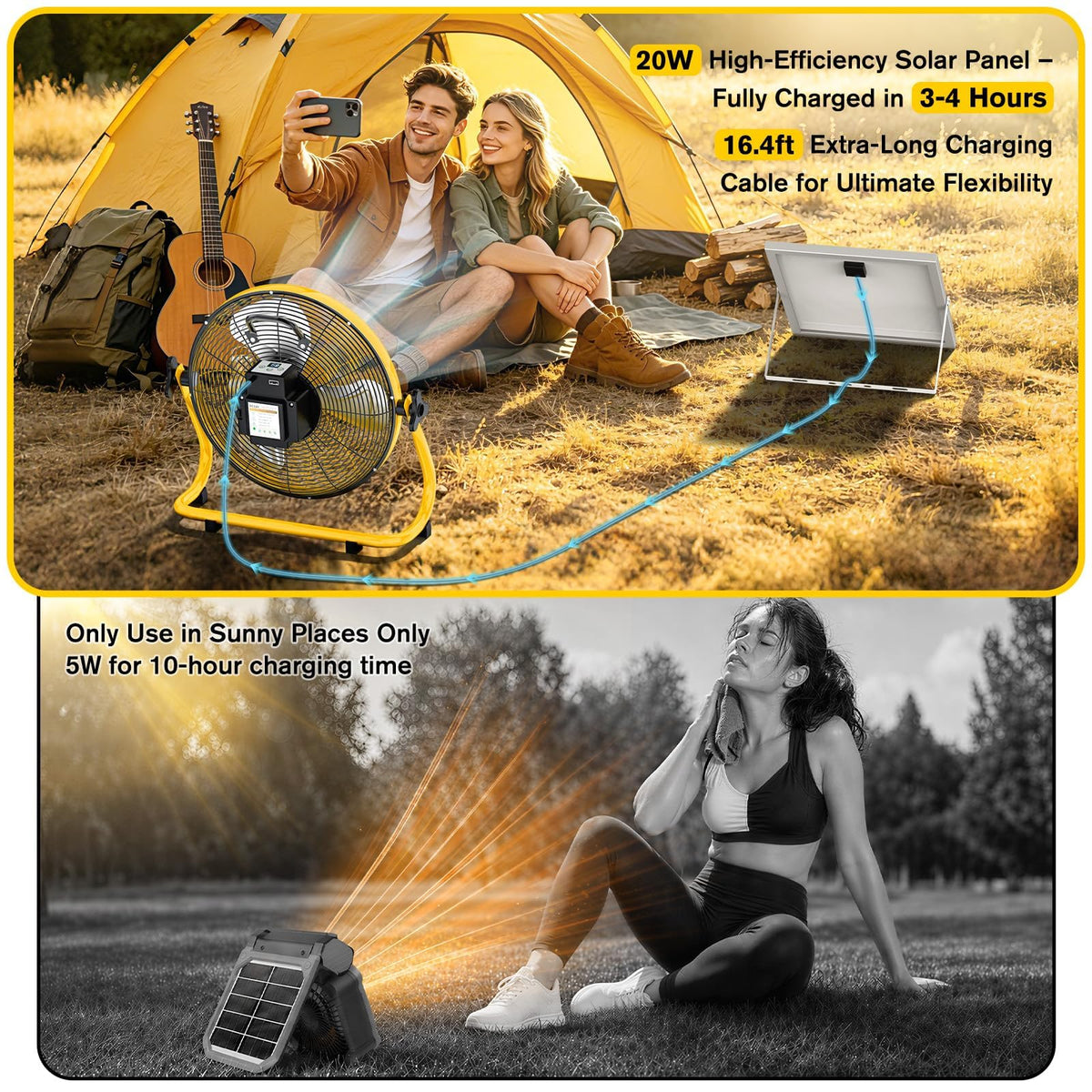 16" Solar Powered Fan with 20W Detachable Solar Panel, Black