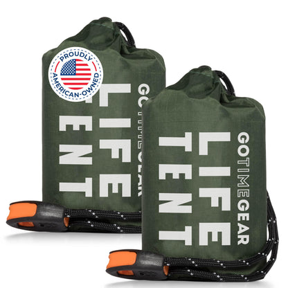 Go Time Gear Survival Life Tent • 2 Person Mylar Emergency Shelter Tube Tent + Paracord • All-Weather Protection for Camping, Hiking, & Survival Kits • Includes Emergency Whistle