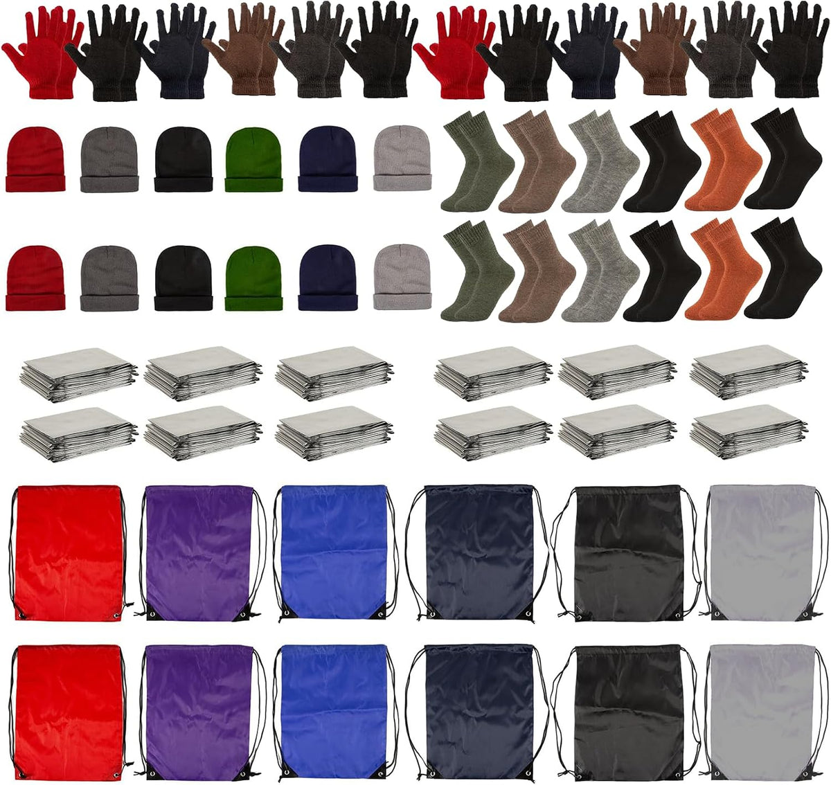 60-Piece Winter Care Package, Beanies, Emergency Blankets, Socks, Gloves & Bags