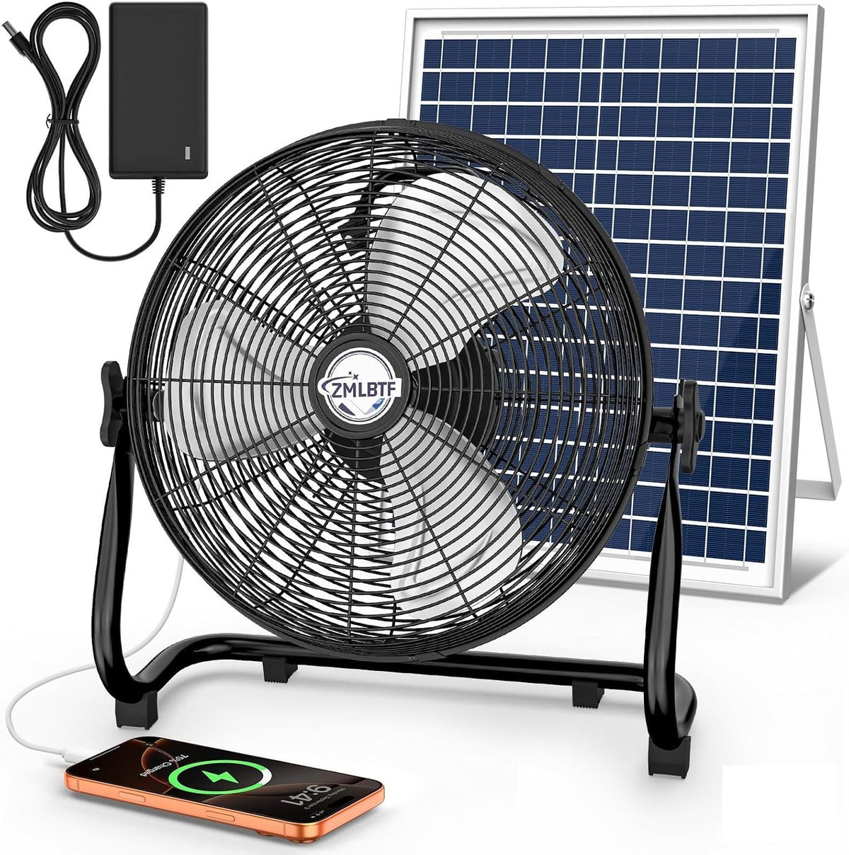 16" Solar Powered Fan with 20W Detachable Solar Panel, Black