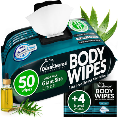 XL Body Wipes for Adults Bathing – 50 Ct + 4 Travel Shower Wipes 10 x 11.5" Thick Cleansing No Rinse Bath Wash Sheets for Elderly, Incontinence, Men & Women, Camping Essentials Disposable Washcloths