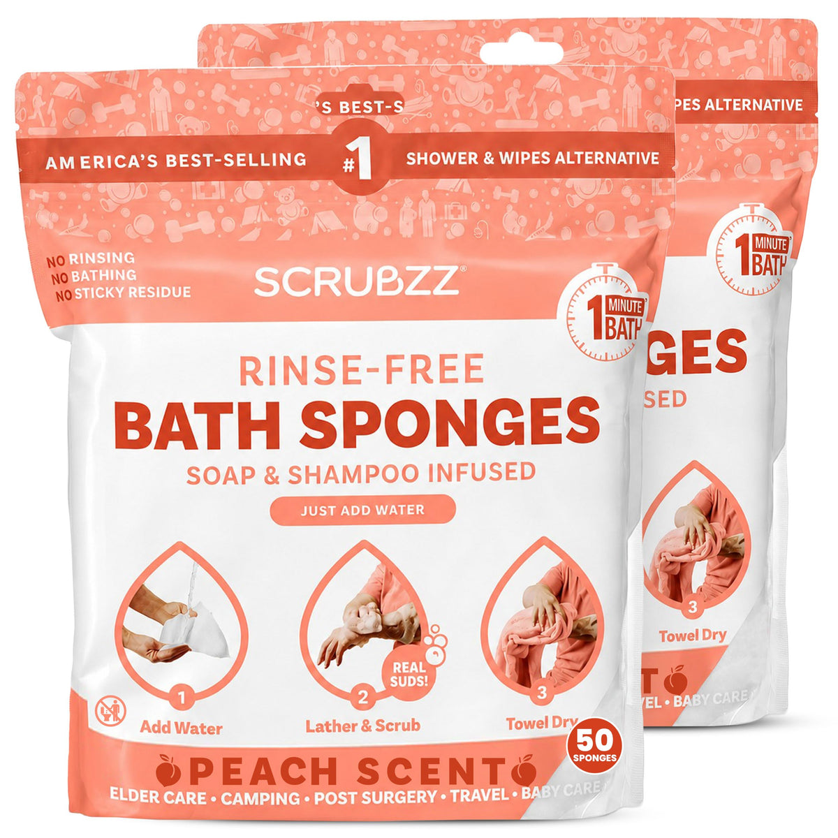 Scrubzz No-Rinse Bathing Wipes, 25 per Pack
