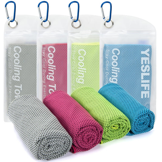 YESLIFE 4 Pack Cooling Towels (40"x12"), Gym Sweat Towels, Cooling Neck Wraps, Soft Breathable Microfiber Towels for Yoga, Running, Sport, Workout, Camping & More (Multicolor)