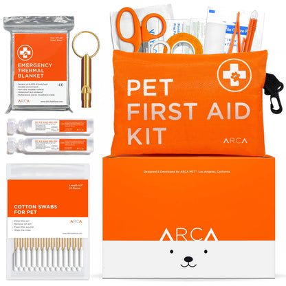 ARCA PET Cat & Dog First Aid Kit for Car - Pet Emergency Kit for Home Office Travel – Dog Camping Essentials with Digital Thermometer, Muzzle & Mini First Aid Pouch