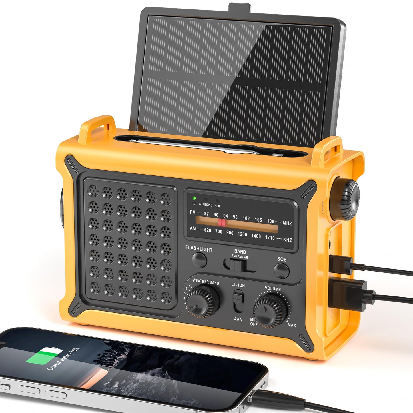 Solar Radio Emergency Hand Crank 12000mAh with Clear Signal, AM FM NOAA Weather Radio Battery Operated with 2-Mode LED Flashlight Cell Phone Charger Dual Outputs SOS