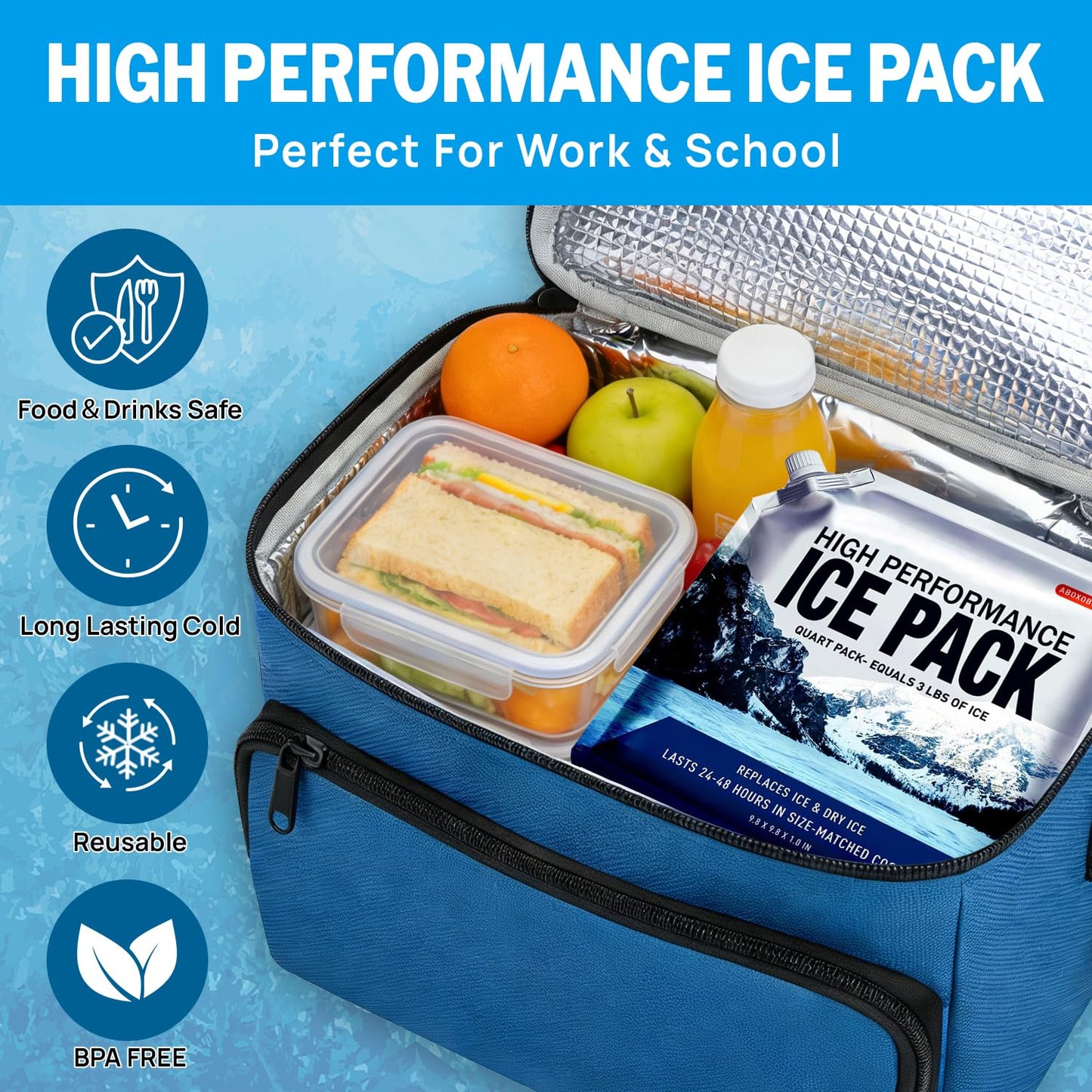 Reusable Ice Packs for Coolers Long Lasting Gel Freezer Packs for Lunch Bags Cooler Backpack Lunch Box for Camping & Picnics (9.8"x9.8"x4P)