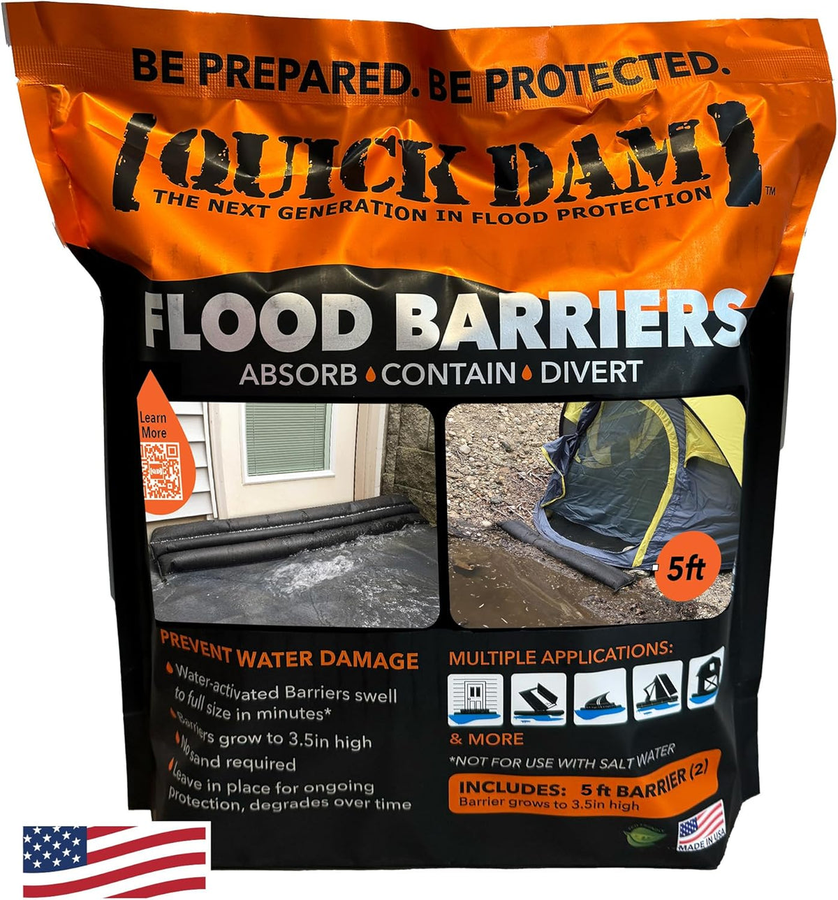 Quick Dam Water Activated 5ft Flood Barrier, Pack of 2