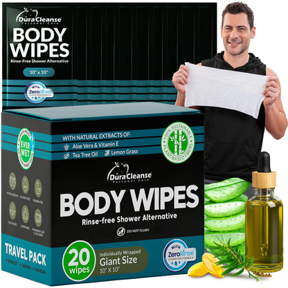 XL Body Wipes for Adults Bathing – 50 Ct + 4 Travel Shower Wipes 10 x 11.5" Thick Cleansing No Rinse Bath Wash Sheets for Elderly, Incontinence, Men & Women, Camping Essentials Disposable Washcloths