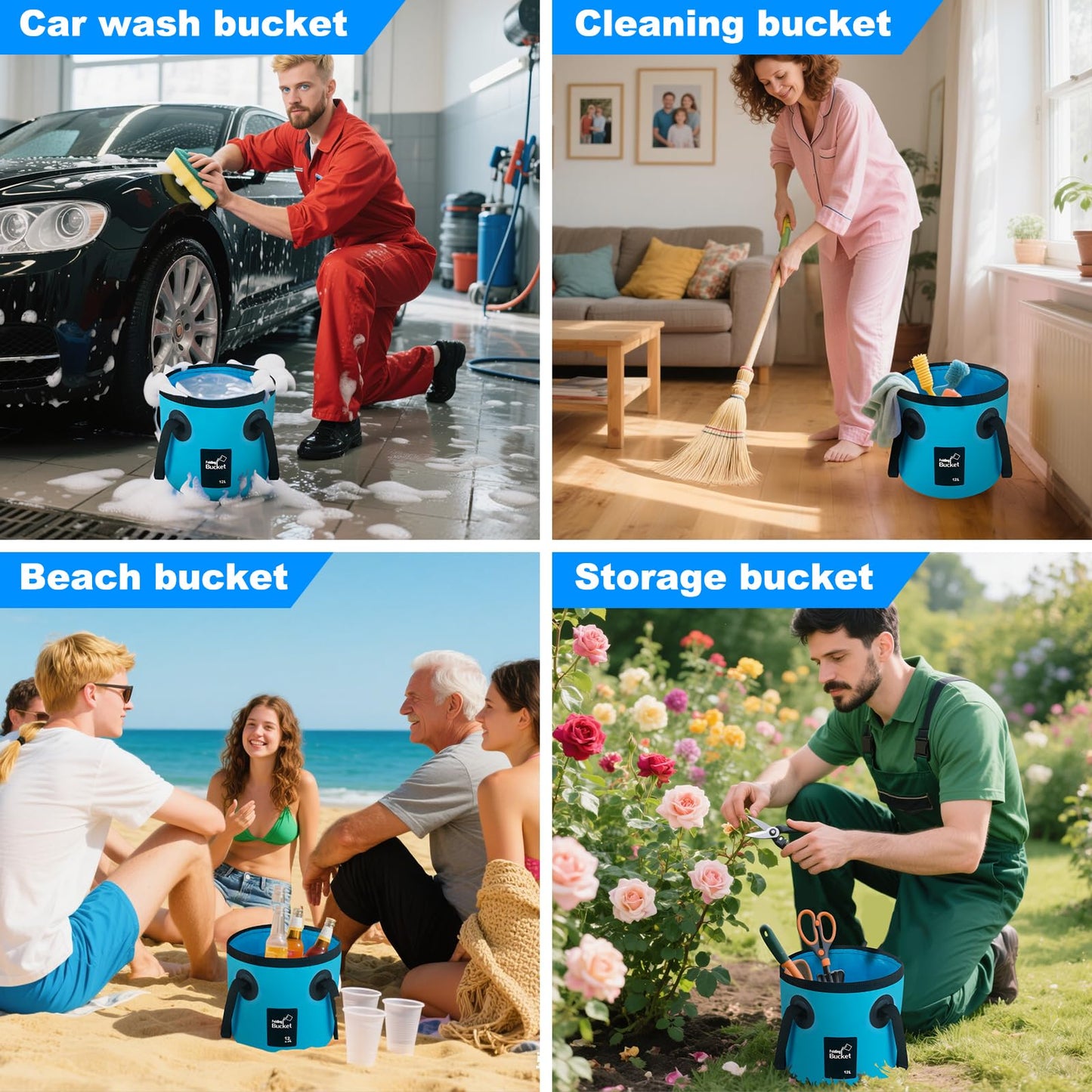 5 Gallon Collapsible Bucket with Handle, Car Wash Bucket Foldable Water Storage Container for Camping Fishing Beach Gardening, Portable Laundry Wash Basin for RV Cleaning Supplies Swamp Emergency Prep