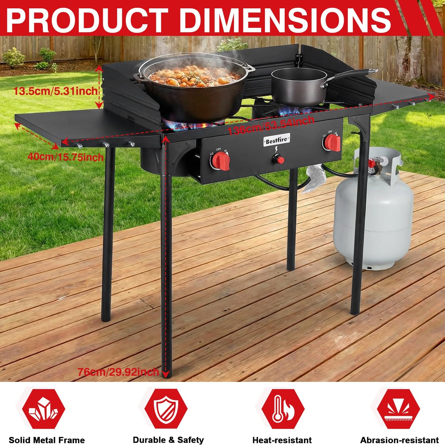 Bestfire 3 Burners Camping Stove for Cooking Outdoor, 225,000 BTU Propane Burners with Ignition wire&Removable Legs, Temperature Control Knobs and 20 PSIG High Pressure Regulator for BBQ