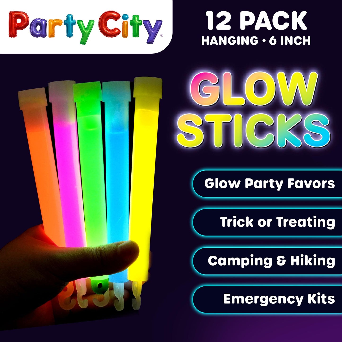 Party City Multicolor Glow Sticks Bulk Pack 6”- 12pk Glow in the Dark Sticks for Kids, Waterproof Camping Survival Ultra Bright Emergency Light Stick with String, Neon Glowsticks Party Supplies Favors