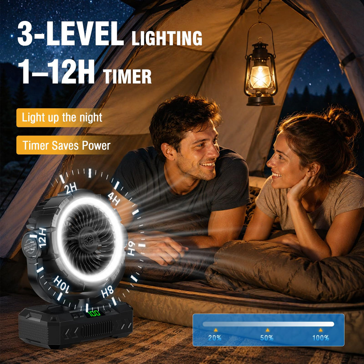Rechargeable Solar Camping Fan, Oscillating, 5 Speeds, 3 Lights & 12-Hour Timer