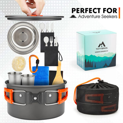 THTYBROS 17pcs Camping Cookware Kit, 0.45Gal Pot, 7inches Pan,0.30Gal Kettle Set with 2 Set Stainless Steel Cups Plates Forks Knives Spoons for Hiking