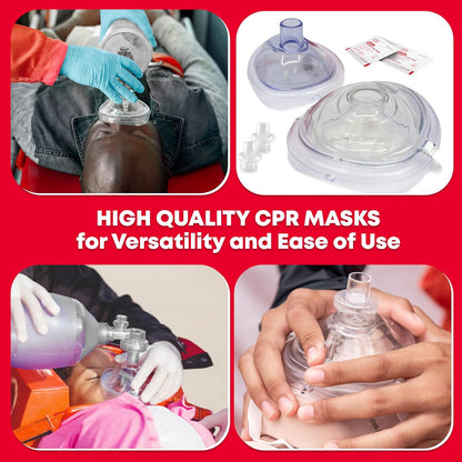 Adult & Infant CPR Mask Combo Kit, 2 Masks with One-Way Valves, Gloves & Prep Pads, Red